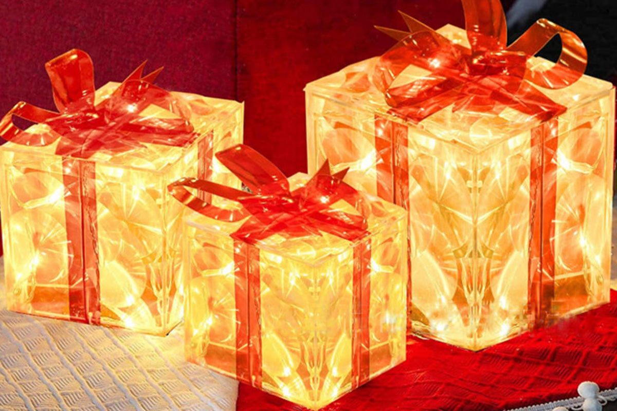 3D 3-Pack Christmas Gift Box with LED Lights Decorations