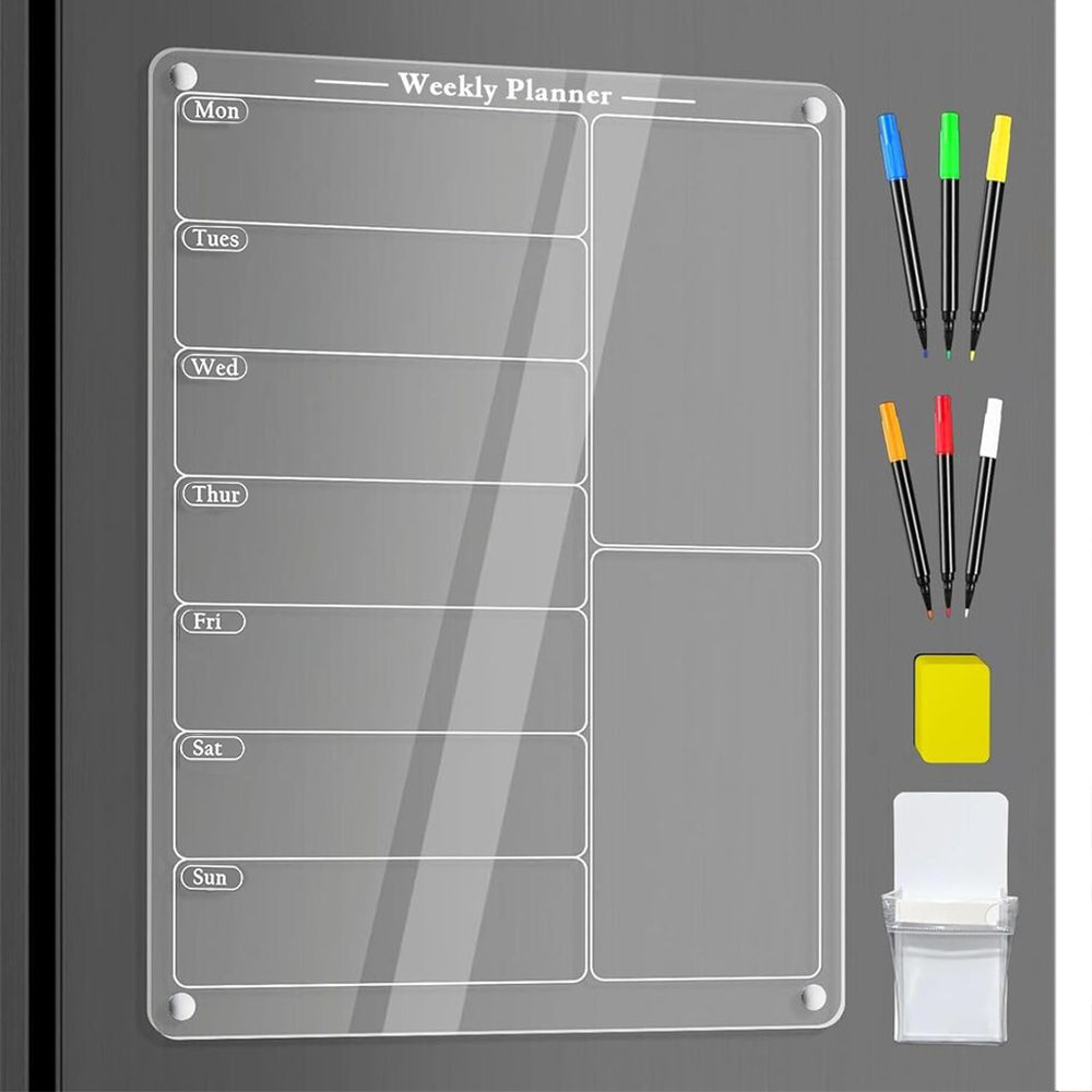 Clear Acrylic Meal Planner Magnetic Menu Board for Fridge with 6 Marker Pens