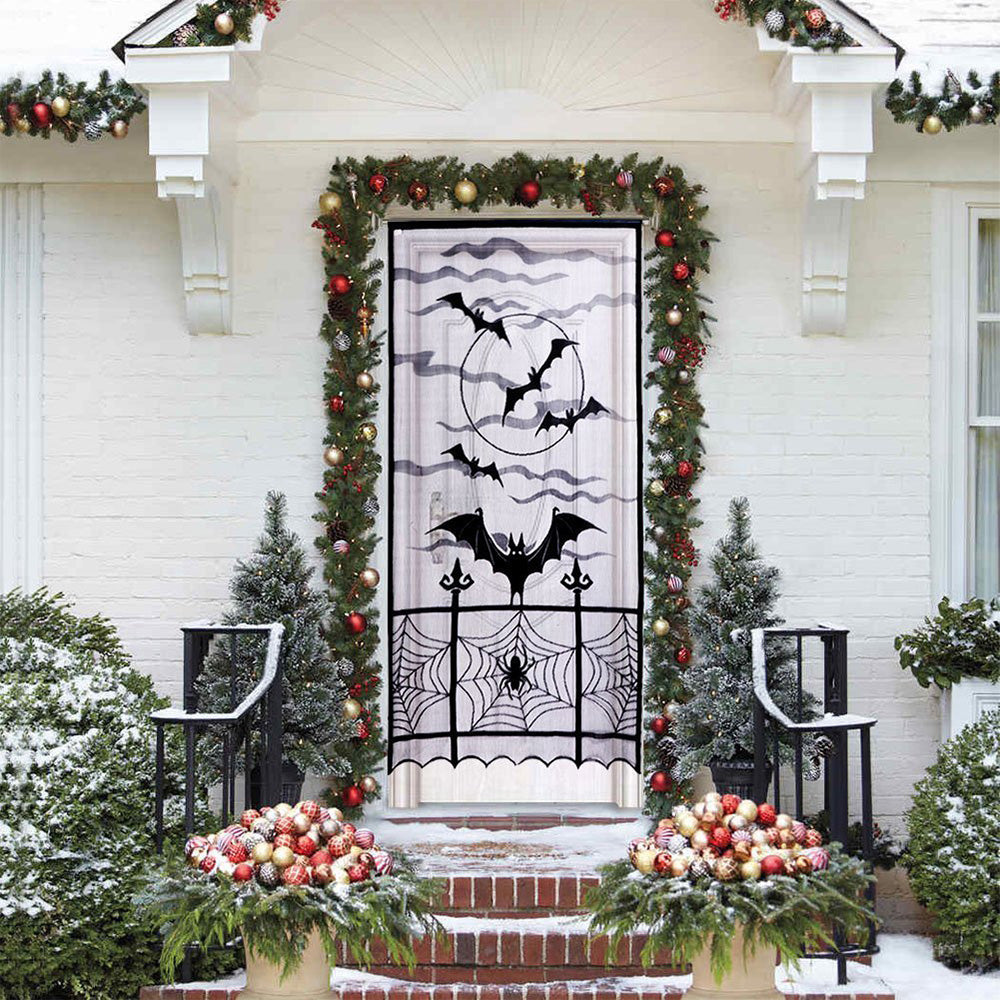 Large Halloween Door Curtain for Doors Windows Walls Bat Spider Web Door Cover for Holiday Party Decoration