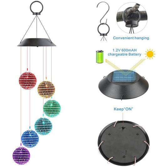 LED Disco Ball Wind Chime Lights Solar Powered Color-Changing Outdoor Decor