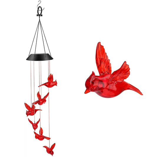 Solar Powered LED Red Cardinal Bird Wind Chime Color-Changing Light Yard Decor