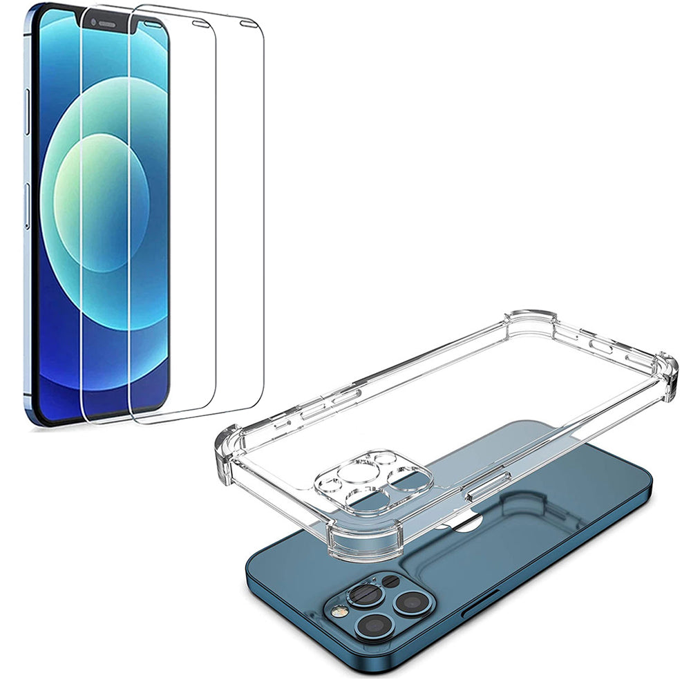 Clear Shockproof Bumper Back Case Cover  with 2Pack Tempered Glass Screen Protector For iPhone 14