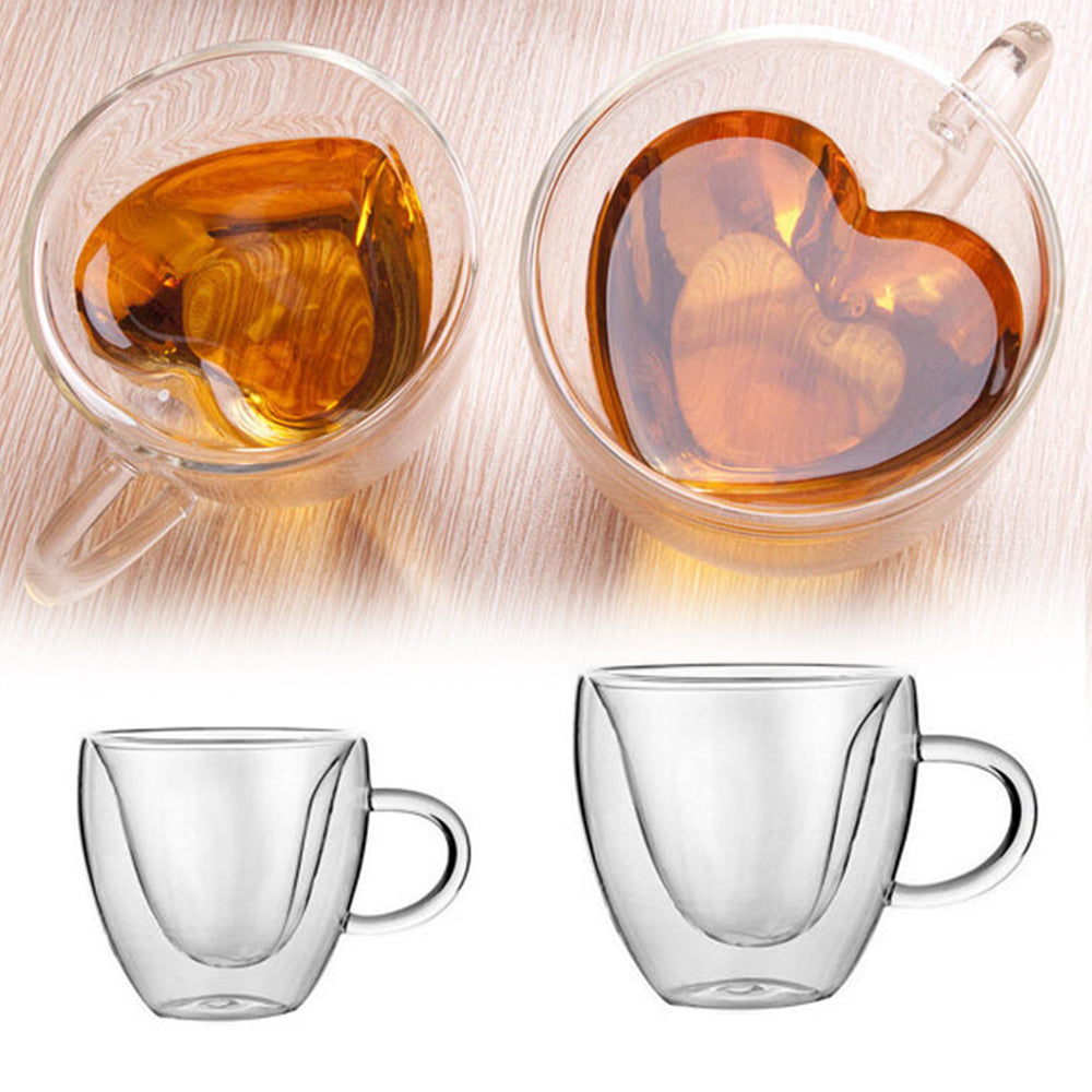 2Pcs 180ml / 240ml Heart Shaped Double Wall Insulated Glass Cup Coffee Mug with Handle