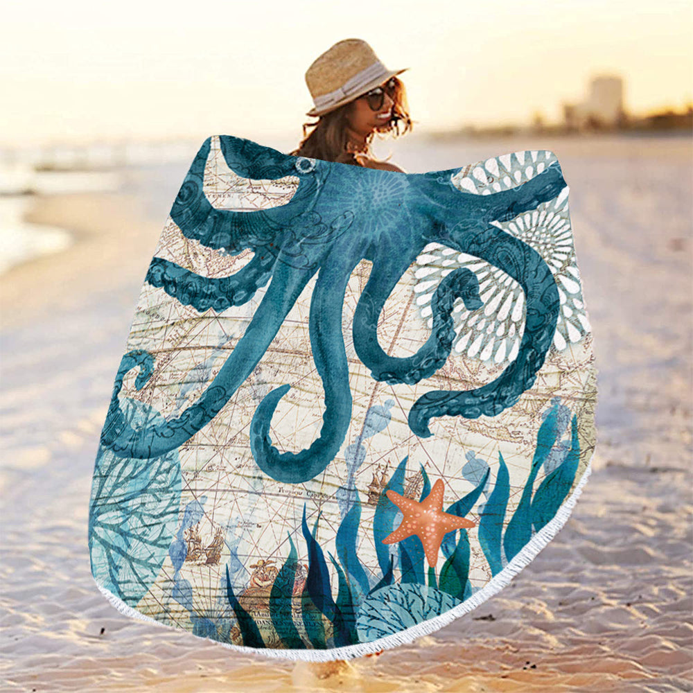 150CM Microfiber Round Beach Towel With Tassels - Undersea World -Octopus