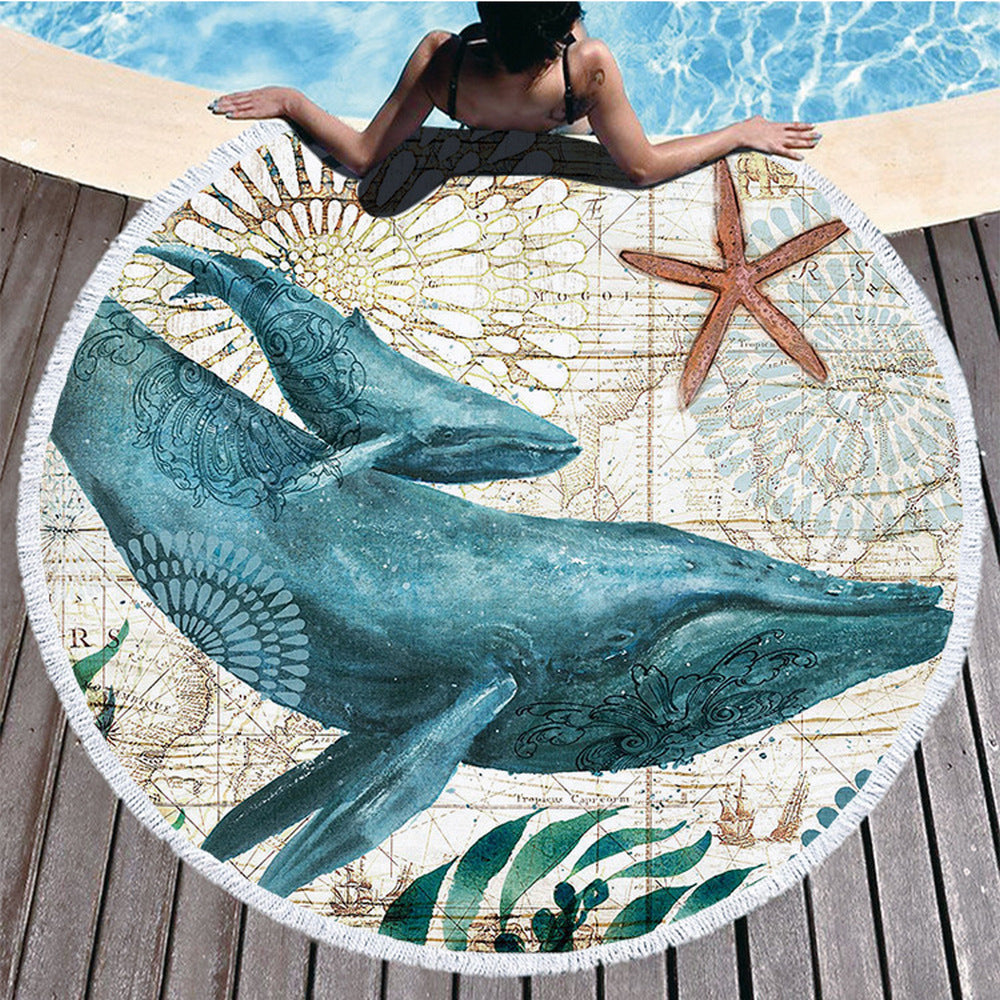 150CM Microfiber Round Beach Towel With Tassels - Undersea World -Dolphin