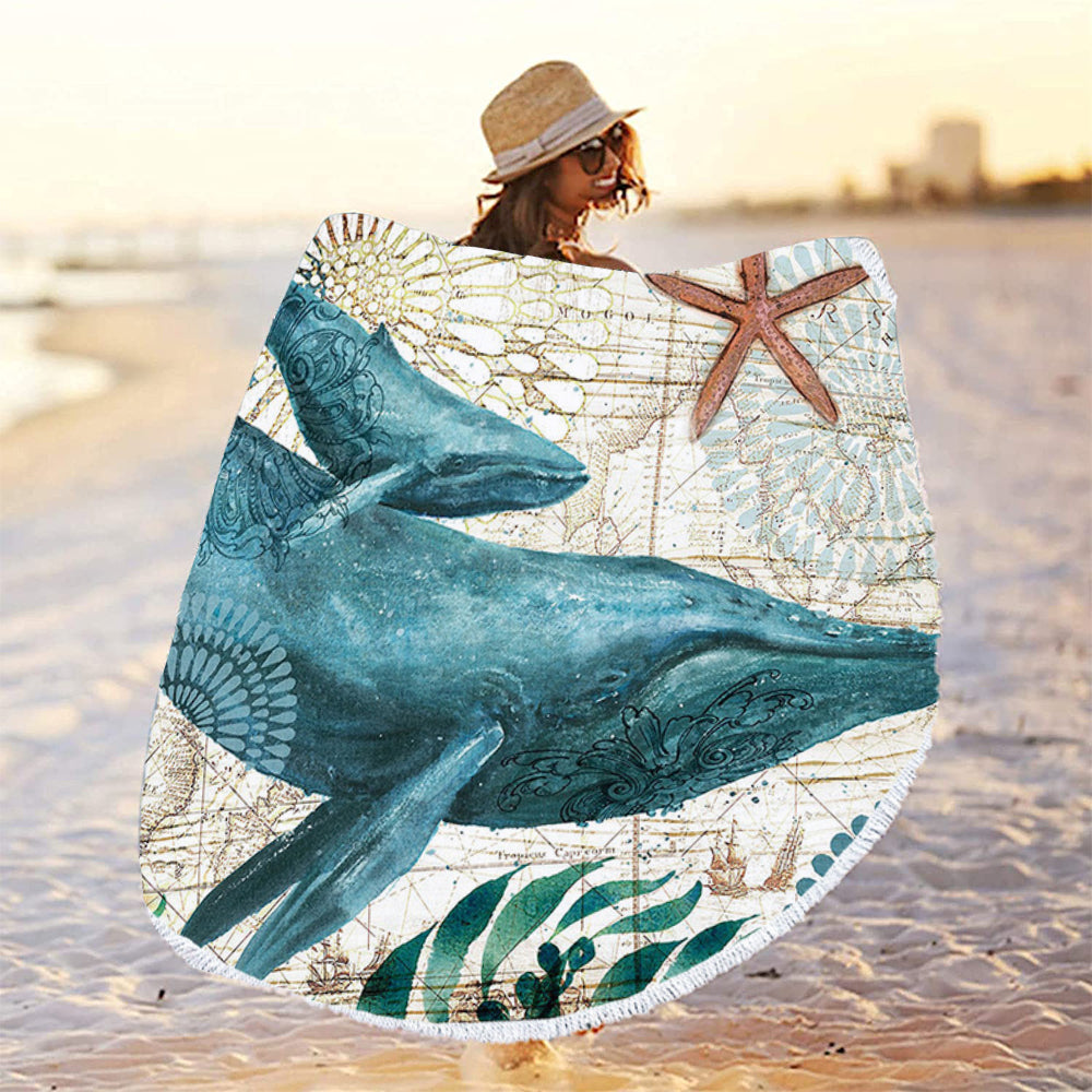 150CM Microfiber Round Beach Towel With Tassels - Undersea World -Dolphin