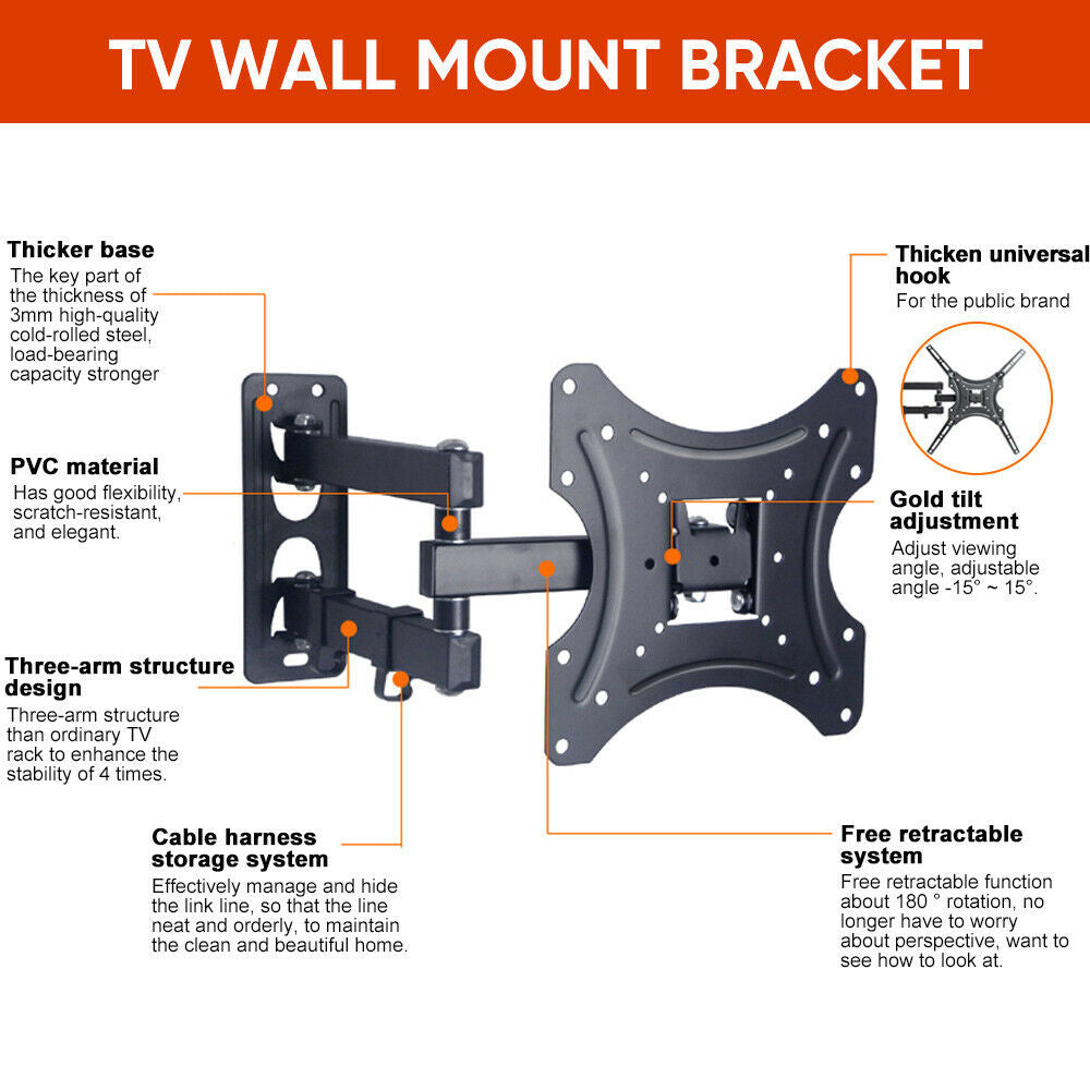 Full Motion 14-27 Inches TV Wall Mount Bracket Swivel Tilt