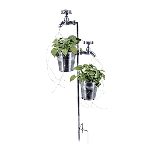 Solar Retro Metal Faucet Garden Stake Light with 2 Planter Pot