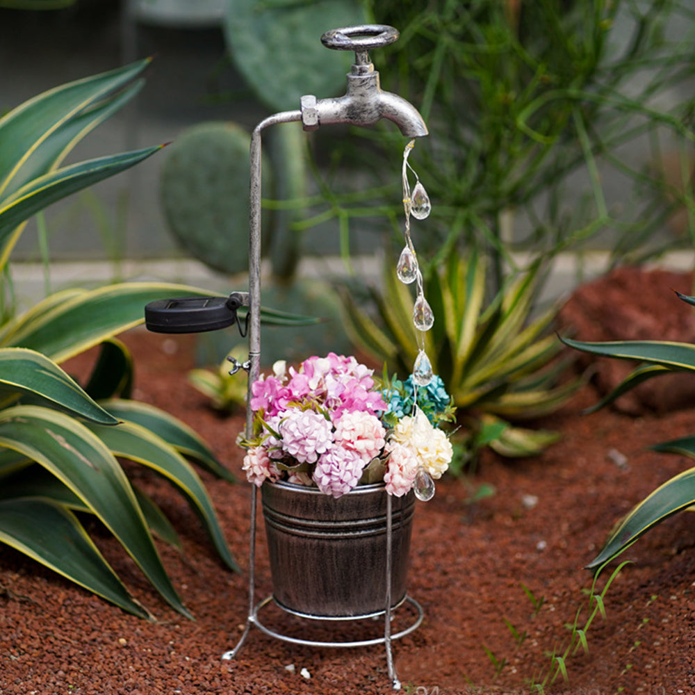 Solar Retro Metal Faucet Garden Stake Light with 1 Planter Pot