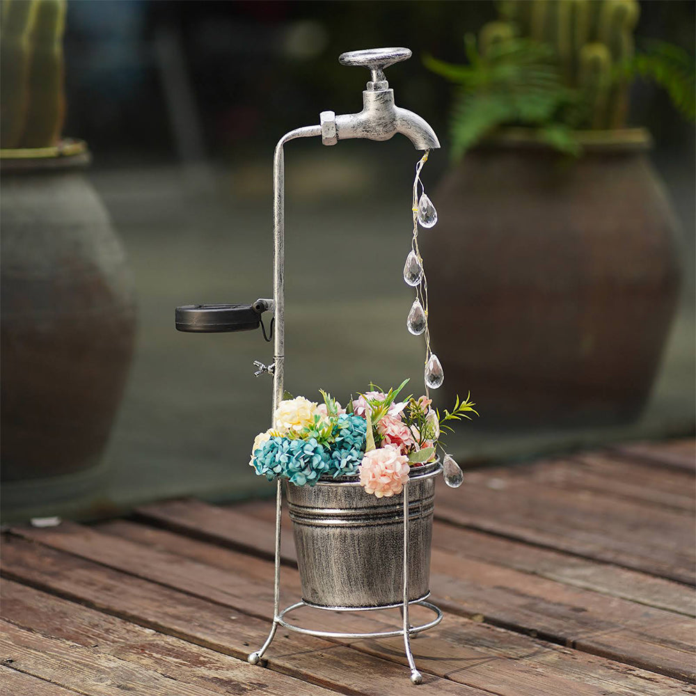 Solar Retro Metal Faucet Garden Stake Light with 1 Planter Pot