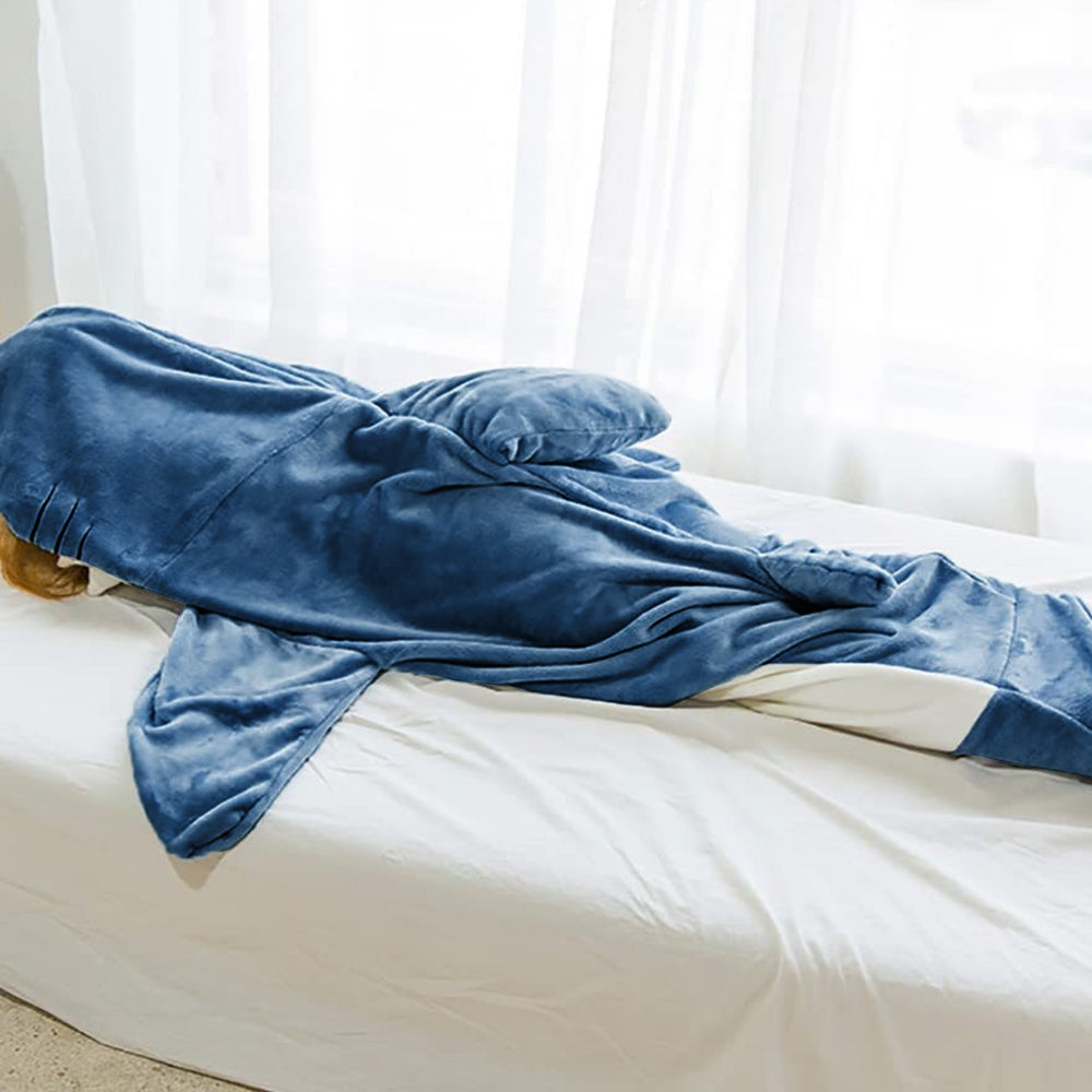 Flannel Cartoon Shark Wearable Hoodie Sleeping Blanket
