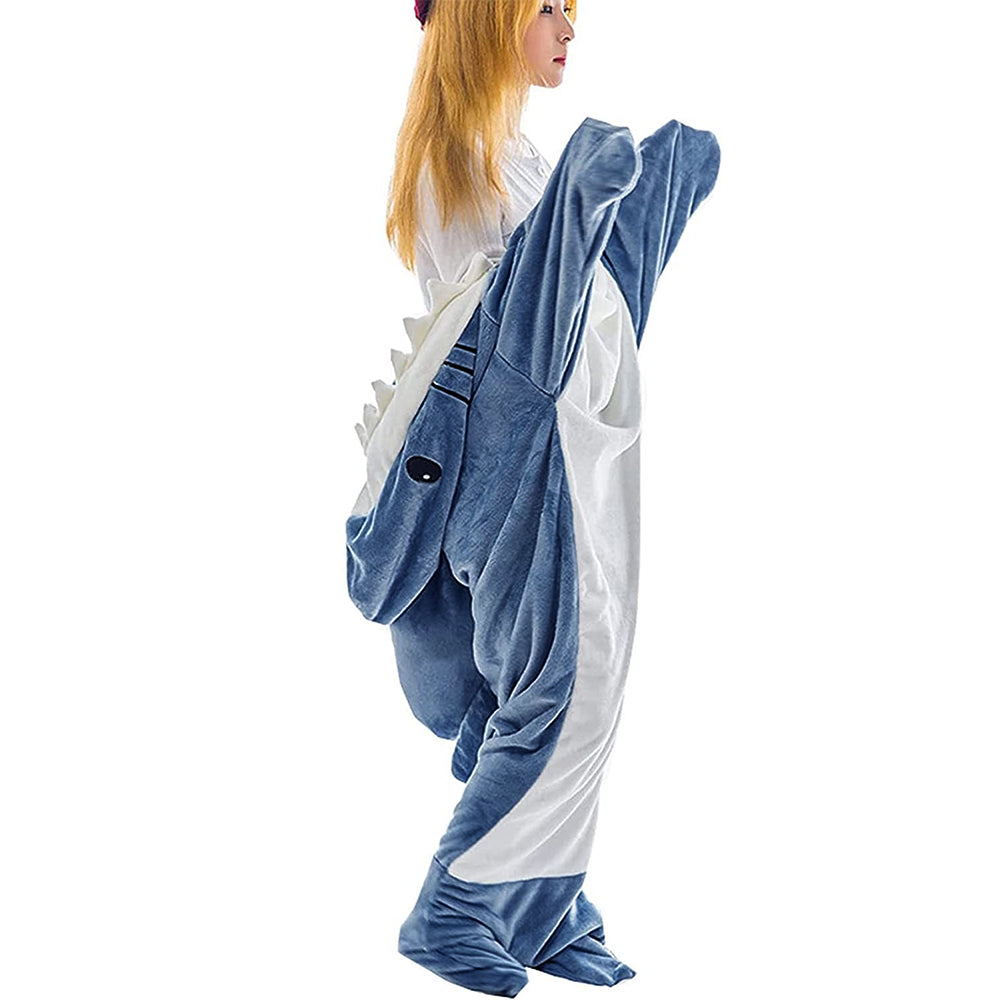 Flannel Cartoon Shark Wearable Hoodie Sleeping Blanket