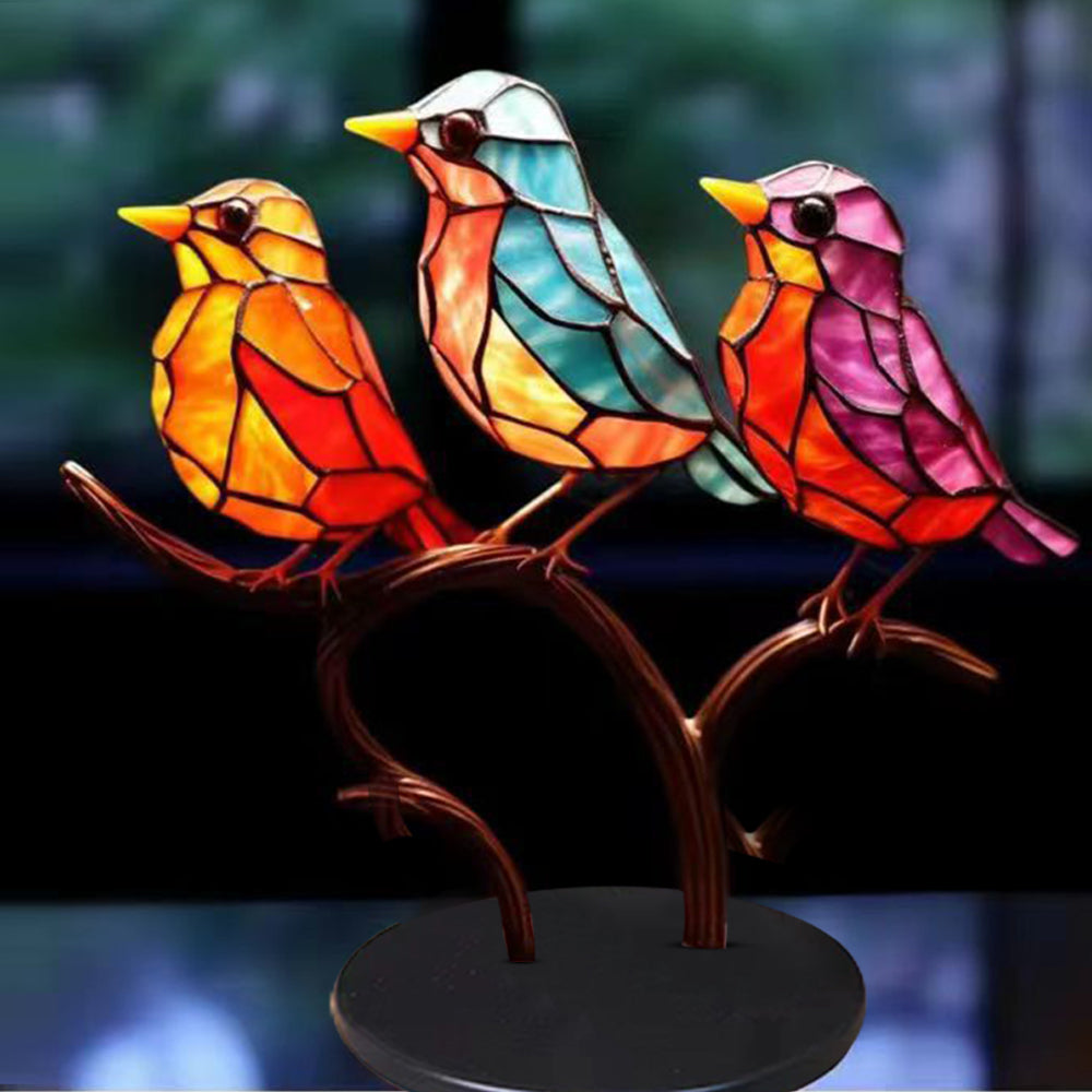 Cute Birds Hummingbird Stained Window Decorations-Three birds in one branch(same direction)