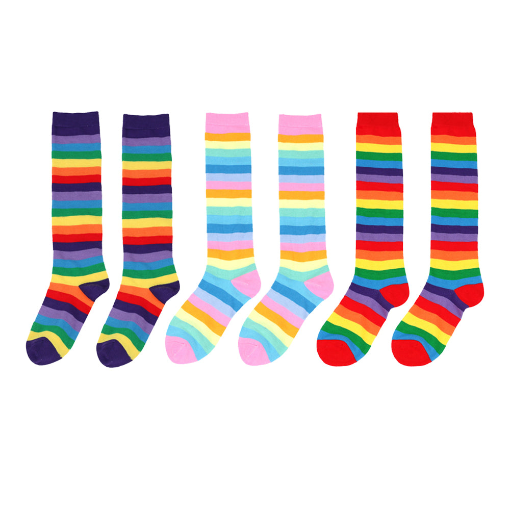 3 Pairs of Colorful Striped Rainbow Knee Socks High Stockings