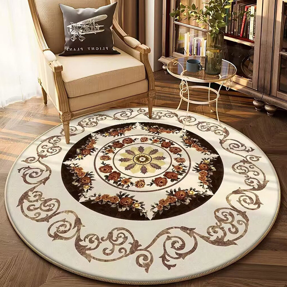 Round Floor Mat Home Room Anti Slip Carpet Rug Home Decoration-White and Brown
