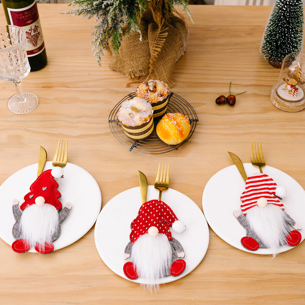 3Pcs Christmas Gnome Tableware Holder Silverware Holders Pockets Set Spoon Fork Bags