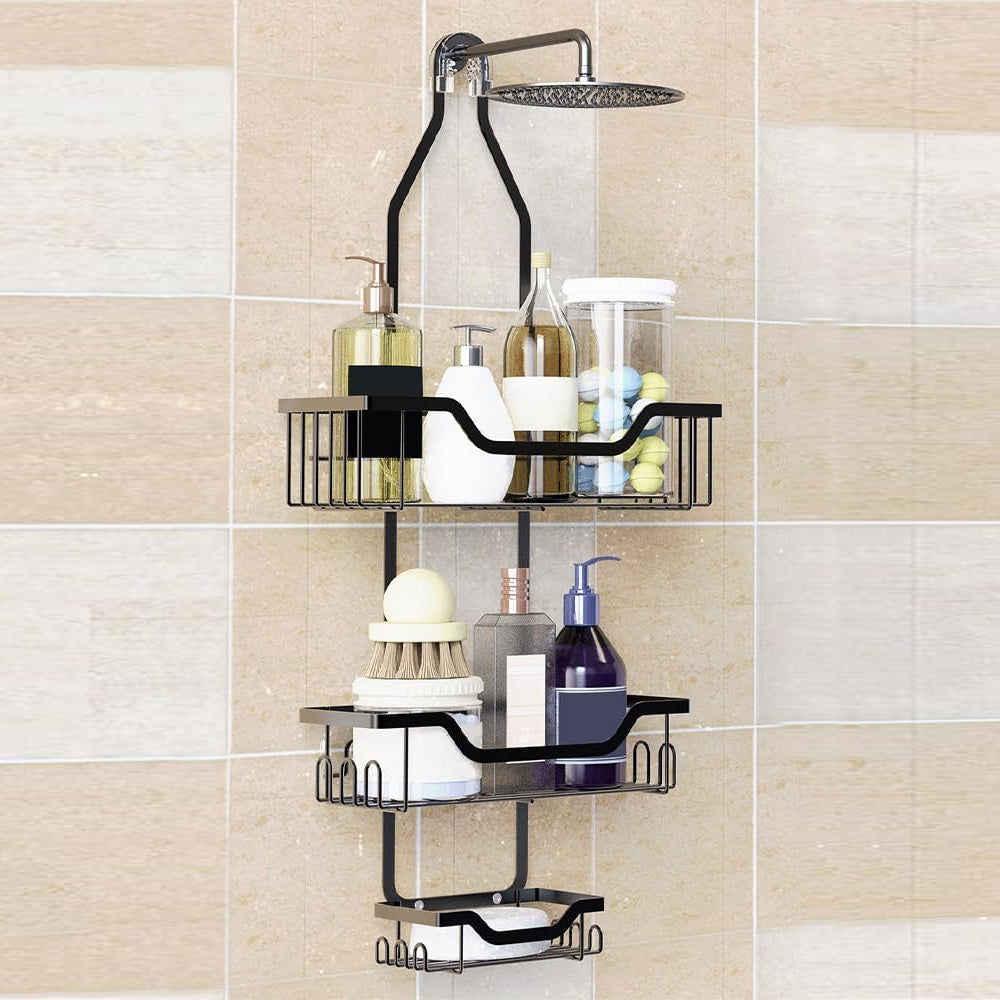 3 Layers Metal Bathroom Shelf Hangs Over the Shower Head Standing Vertical Storage for Shampoo Soap