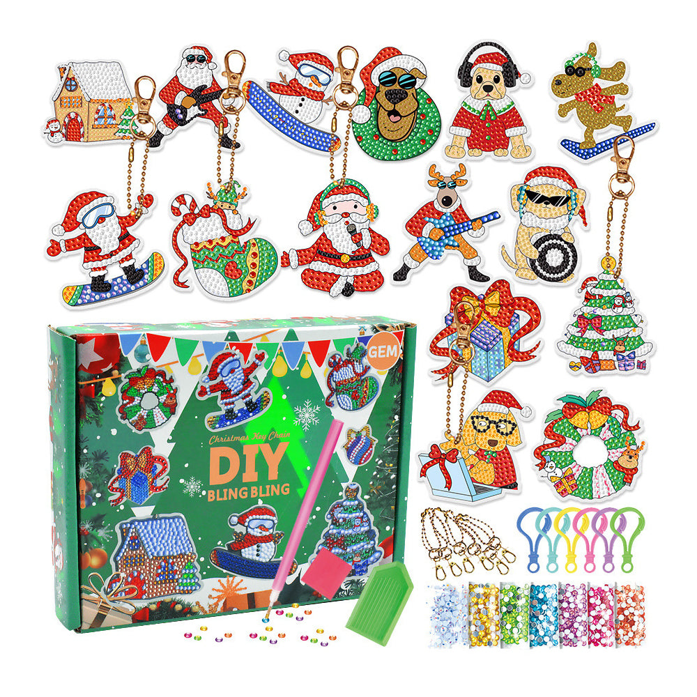 15Pcs Christmas DIY Dot Drill Decorative Painting Keychain Pendant Gift-Gift