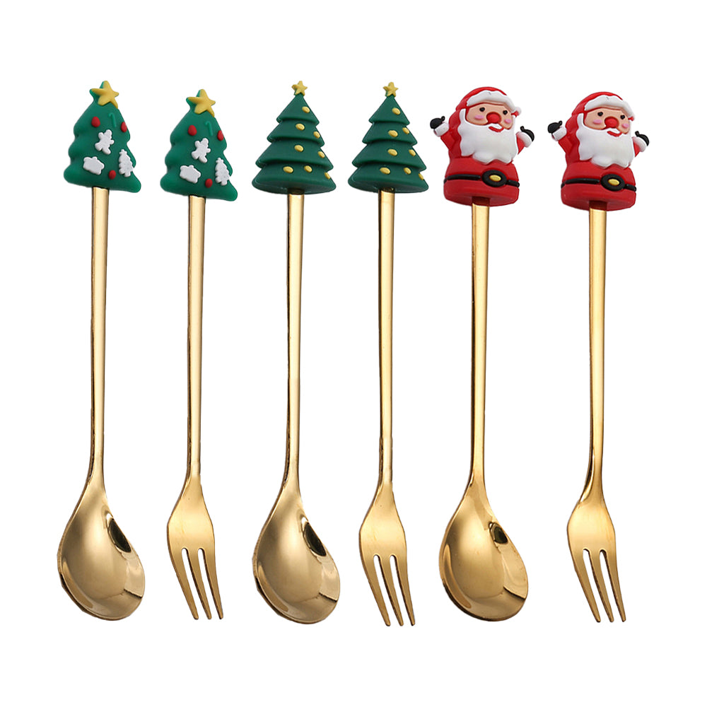 6Pcs Christmas Cake Dessert Coffee Stainless Steel Spoon Fruit Fork