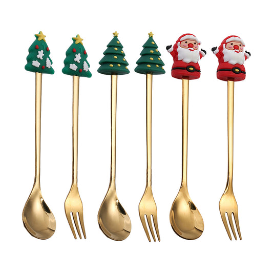 6Pcs Christmas Cake Dessert Coffee Stainless Steel Spoon Fruit Fork