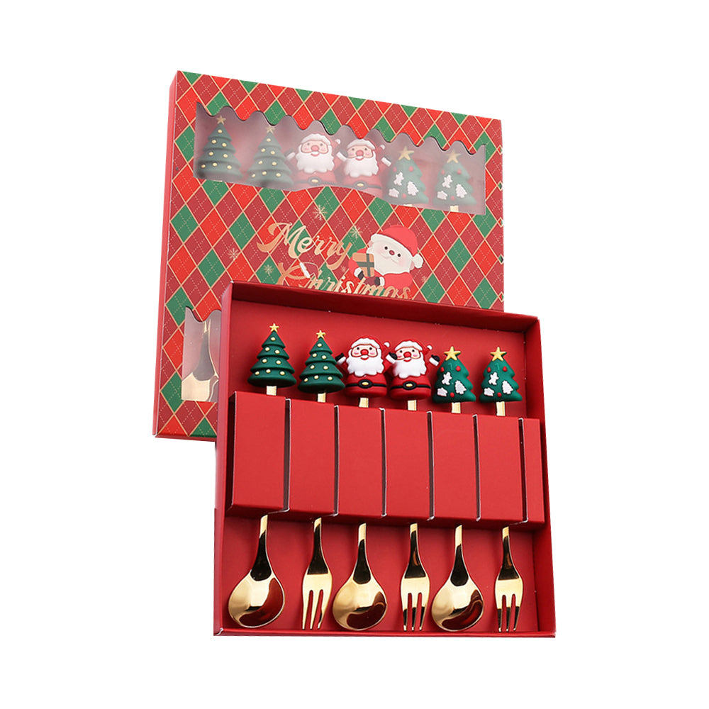 6Pcs Christmas Cake Dessert Coffee Stainless Steel Spoon Fruit Fork