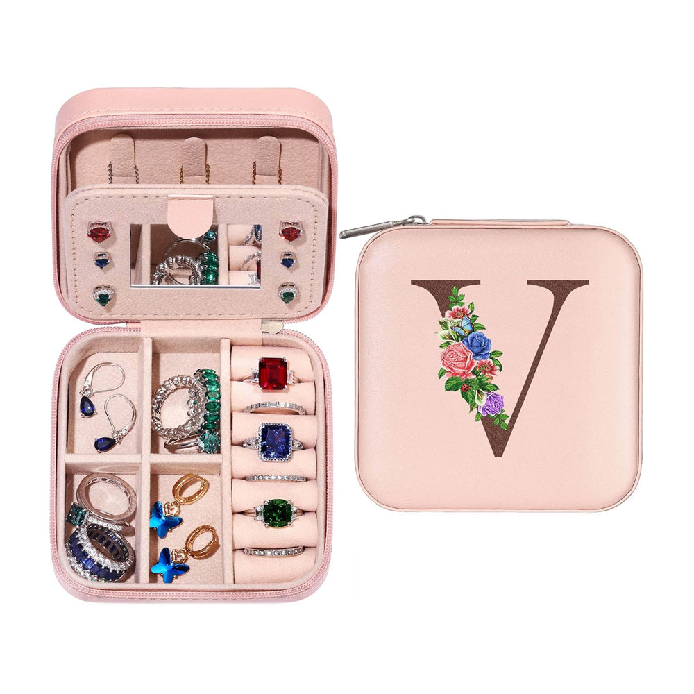 Initial Letter Travel Jewelry Box with Mirror-V