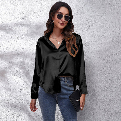 Women's Satin Botton Front Long Sleeve Shirt