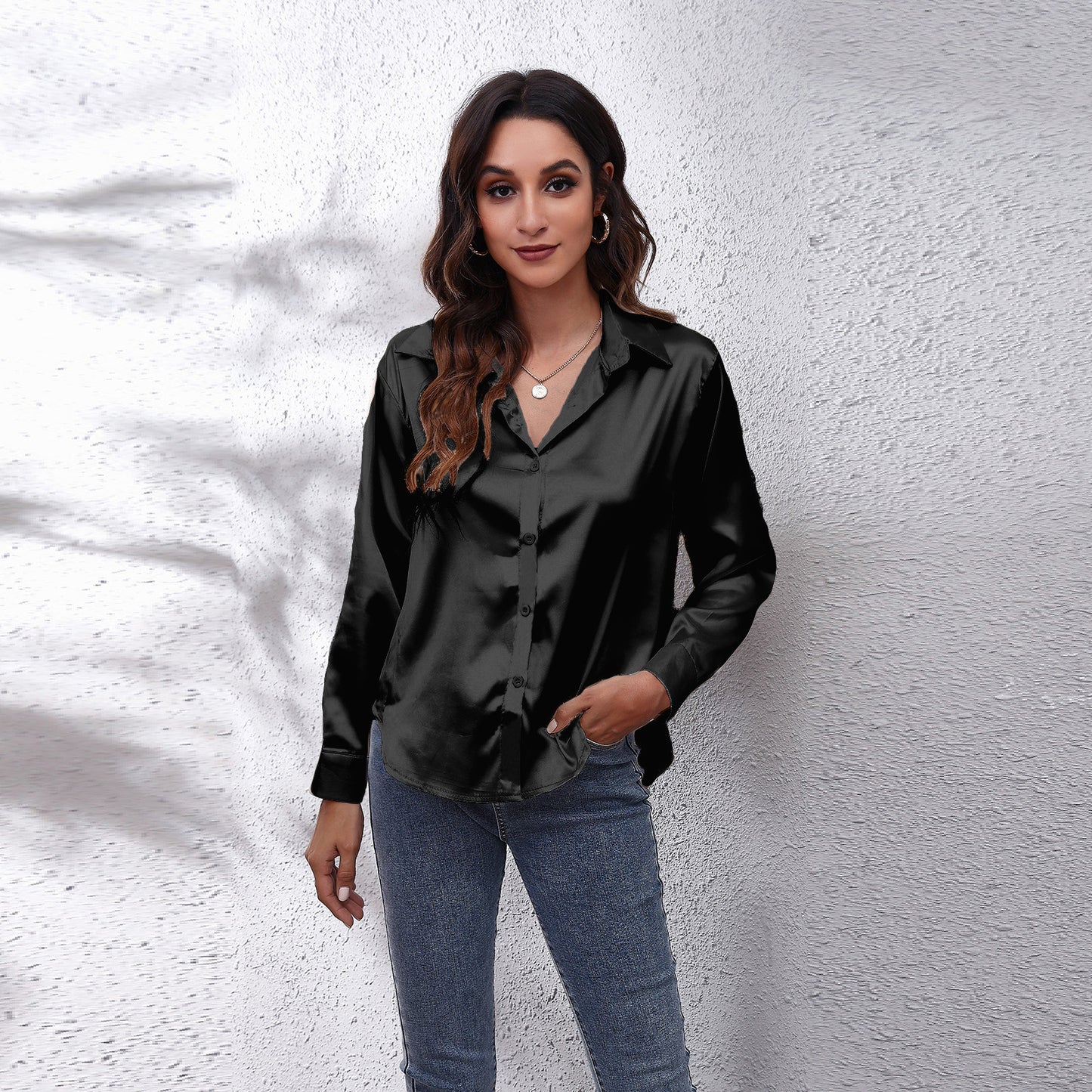Women's Satin Botton Front Long Sleeve Shirt