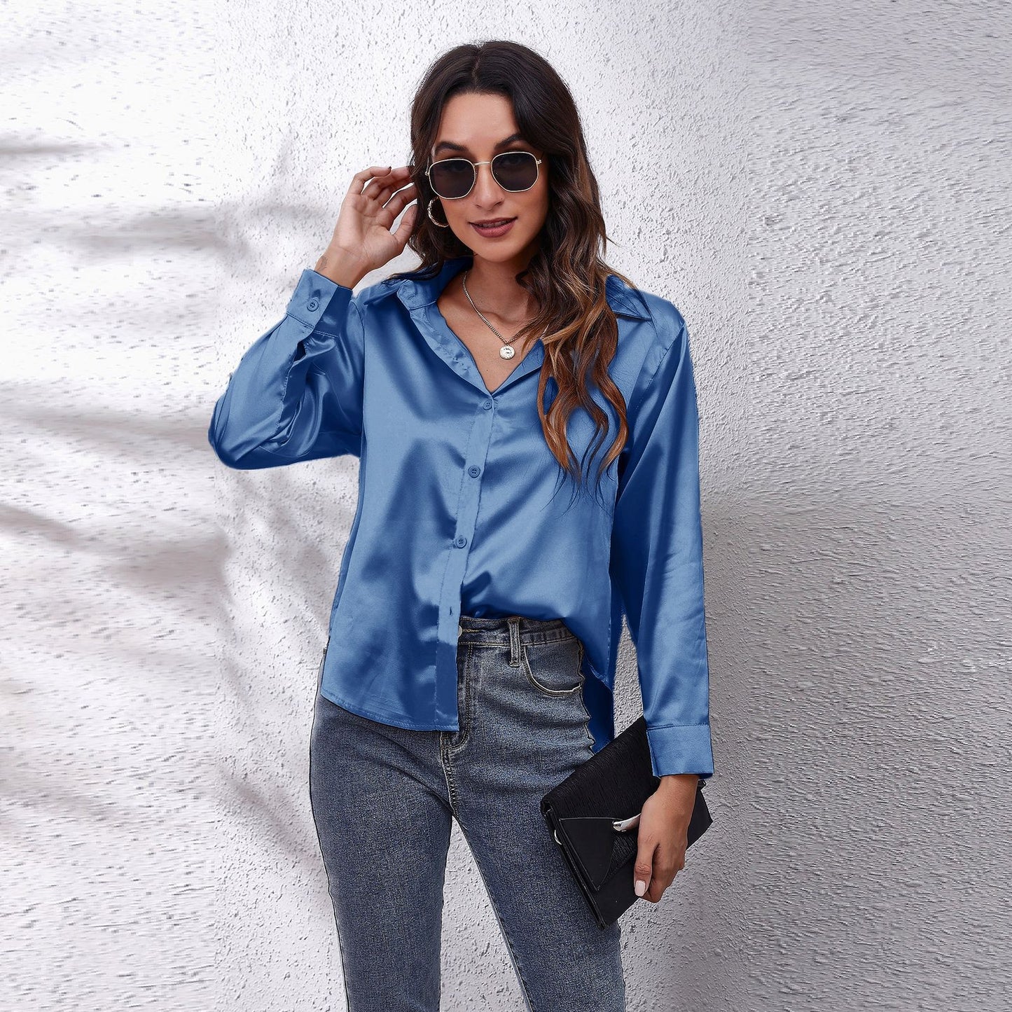 Women's Satin Botton Front Long Sleeve Shirt