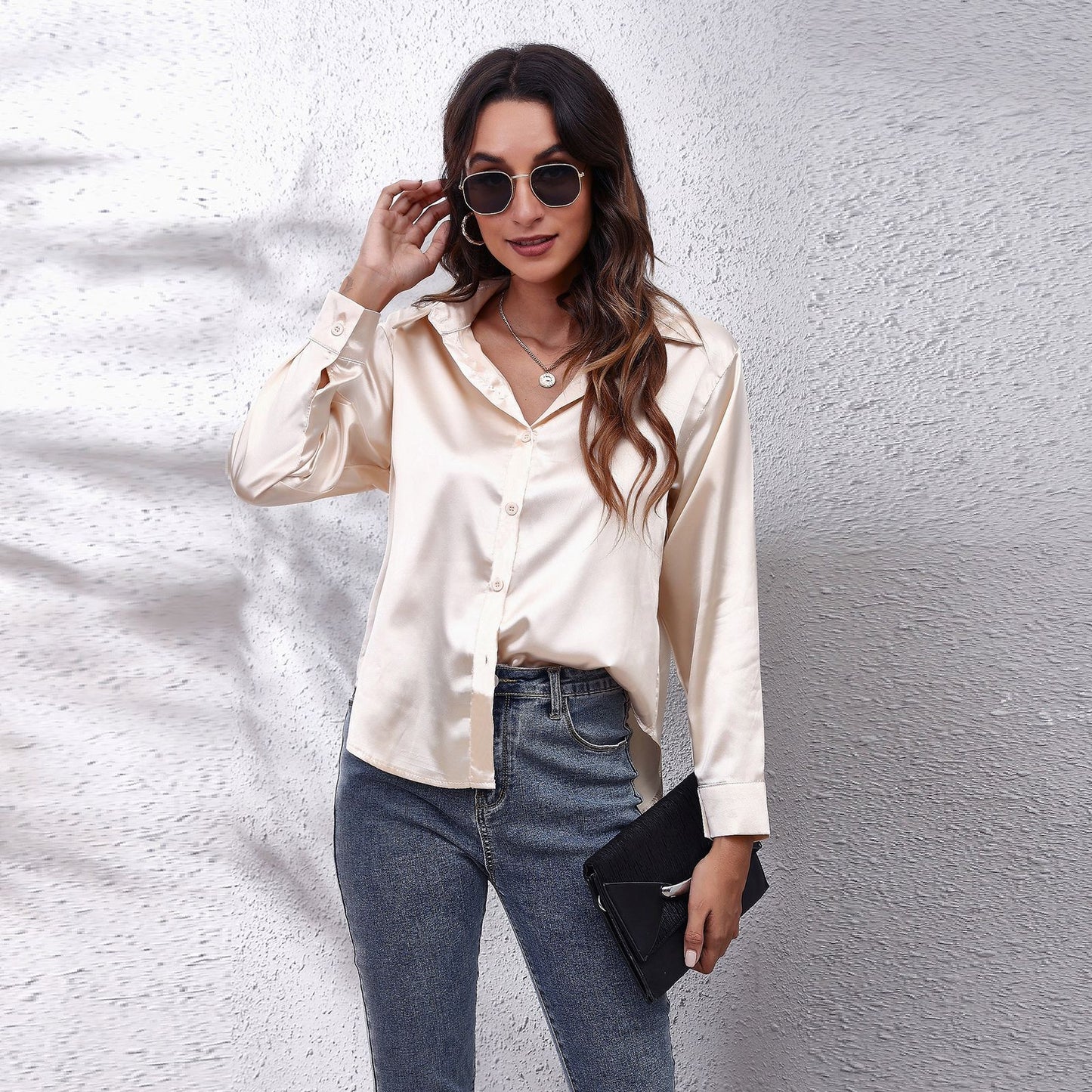 Women's Satin Botton Front Long Sleeve Shirt
