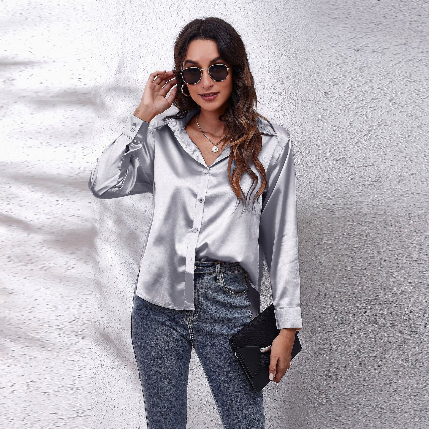 Women's Satin Botton Front Long Sleeve Shirt