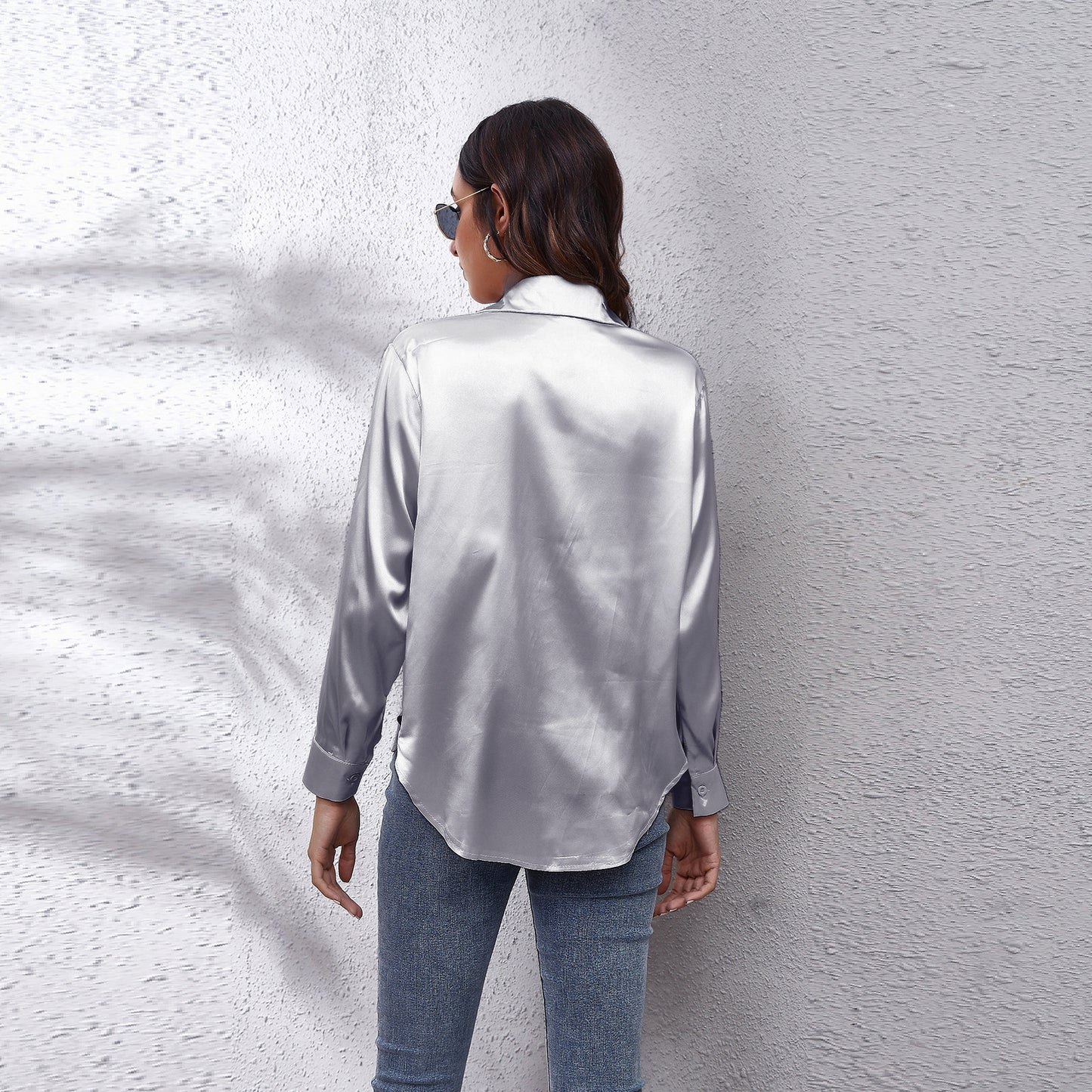 Women's Satin Botton Front Long Sleeve Shirt