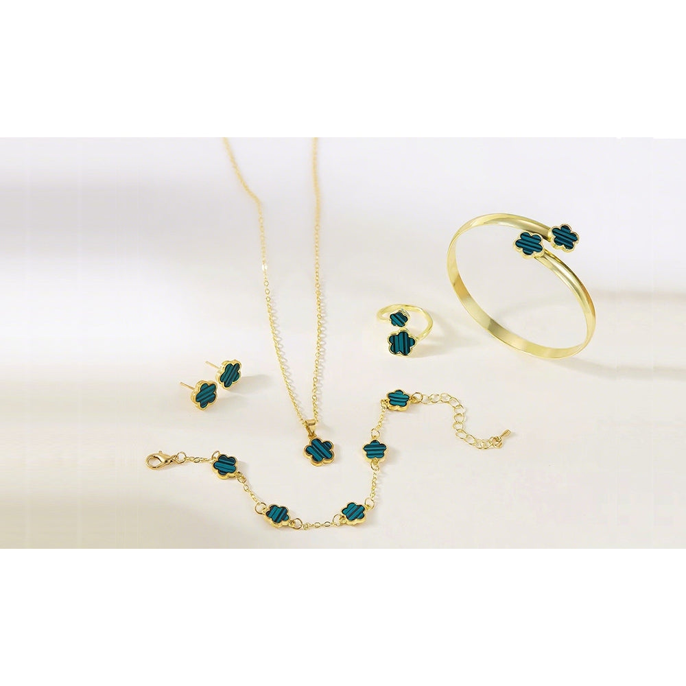 Five-Leaf Clover Jewelry Set with Necklace Bracelet Ring Earrings Gift for Women