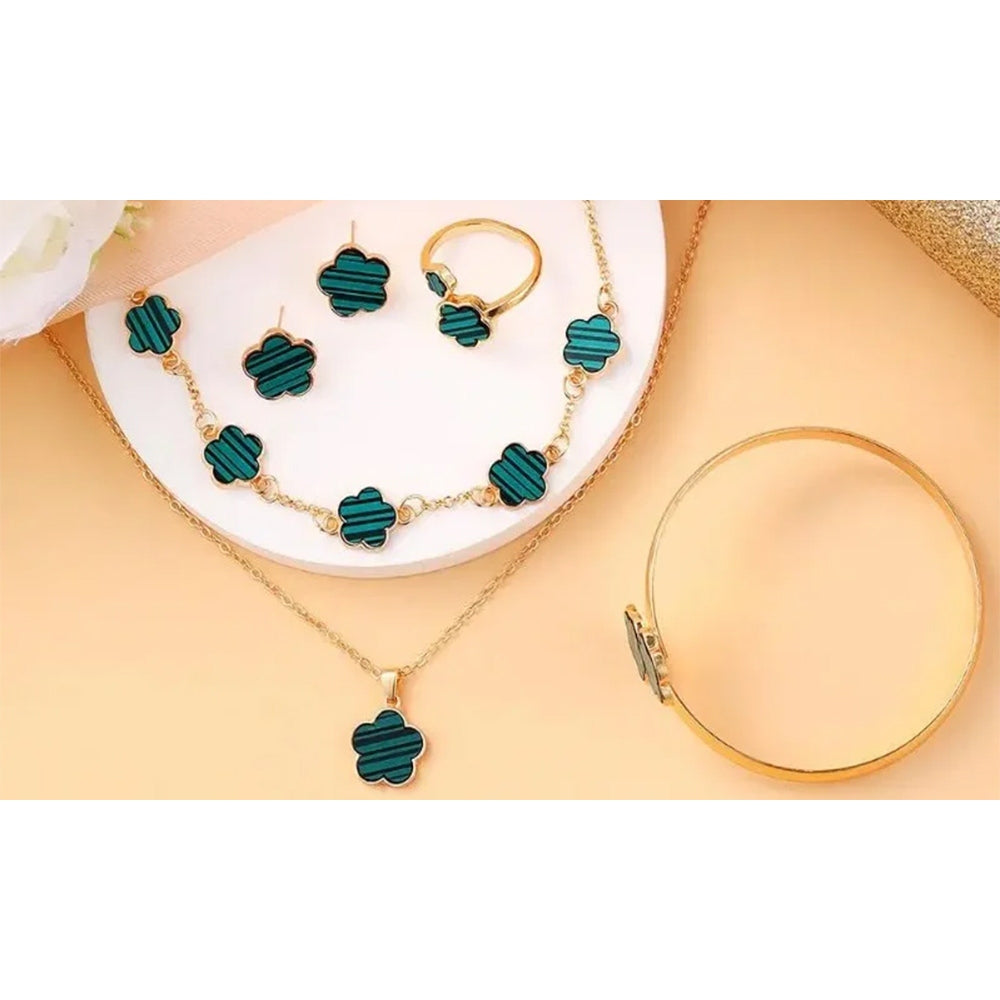 Five-Leaf Clover Jewelry Set with Necklace Bracelet Ring Earrings Gift for Women