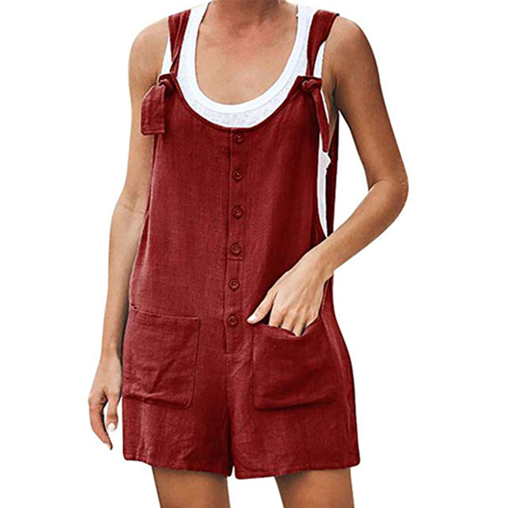 Womens Cotton Short Jumpsuit with Adjustable Straps and Side Pockets