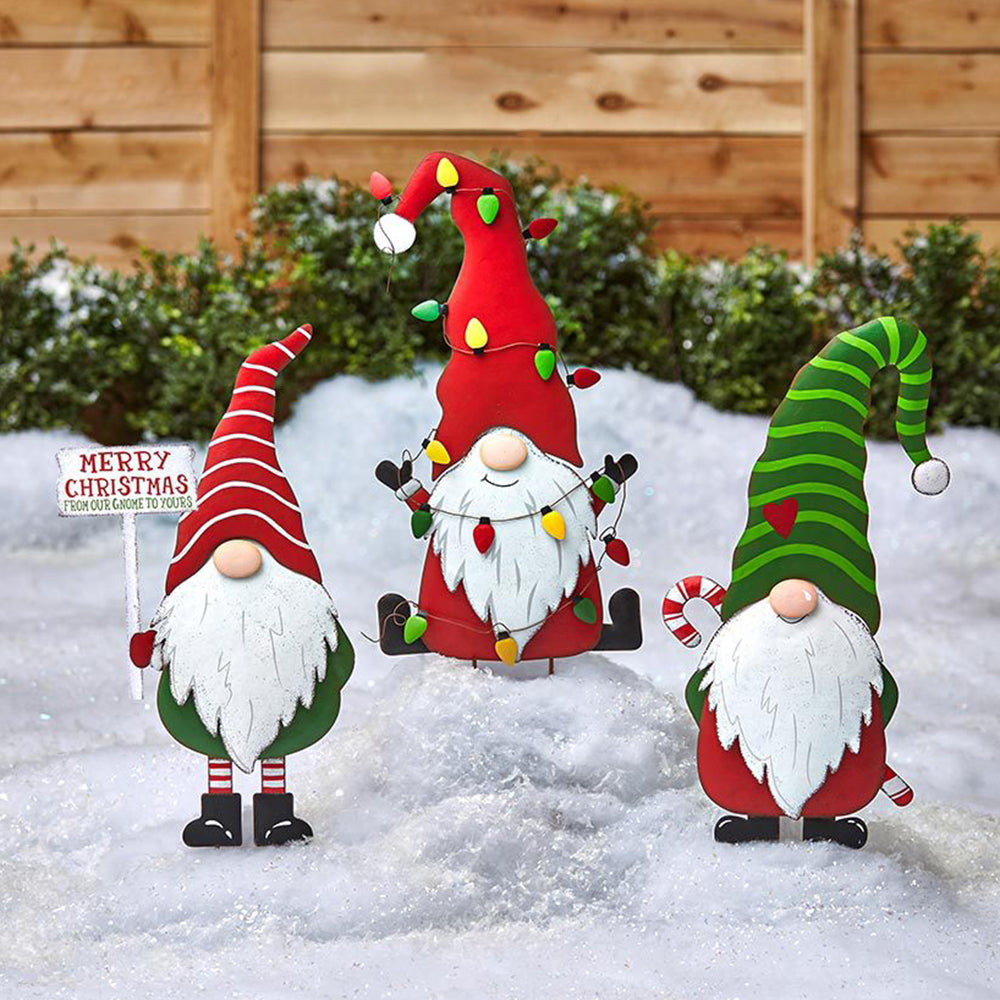 3Pcs Merry Christmas Metal Gnome Sign Stake Outdoor Decoration