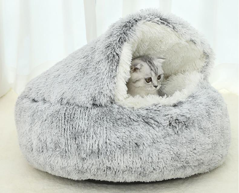 Plush Cushioned Hooded Pet Bed