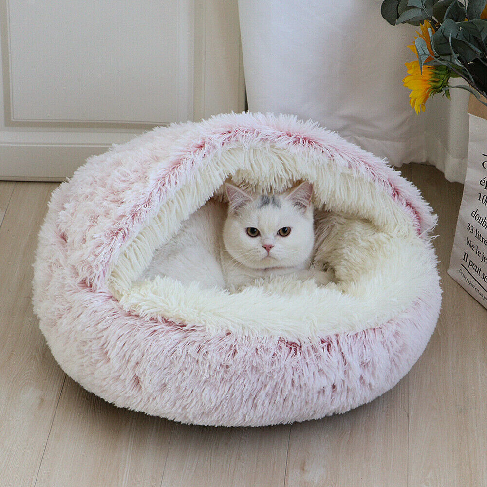 Plush Cushioned Hooded Pet Bed