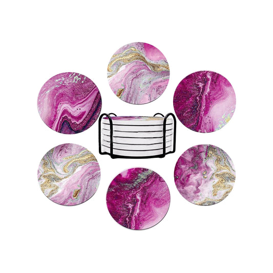 6Pcs Marble Textured Round Coasters with Cork Base and Metal Holder Set