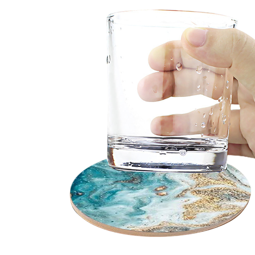 6Pcs Marble Textured Round Coasters with Cork Base and Metal Holder Set
