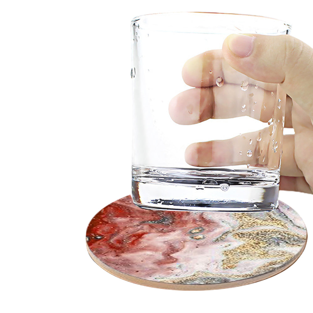 6Pcs Marble Textured Round Coasters with Cork Base and Metal Holder Set