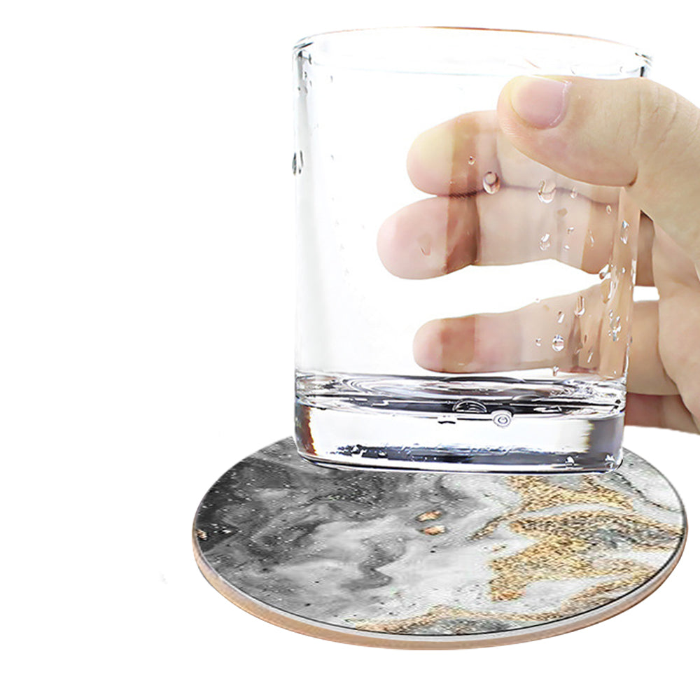 6Pcs Marble Textured Round Coasters with Cork Base and Metal Holder Set