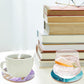6Pcs Marble Textured Round Coasters with Cork Base and Metal Holder Set