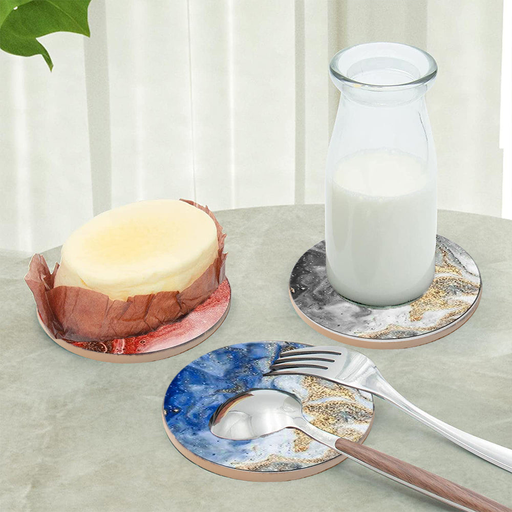 6Pcs Marble Textured Round Coasters with Cork Base and Metal Holder Set