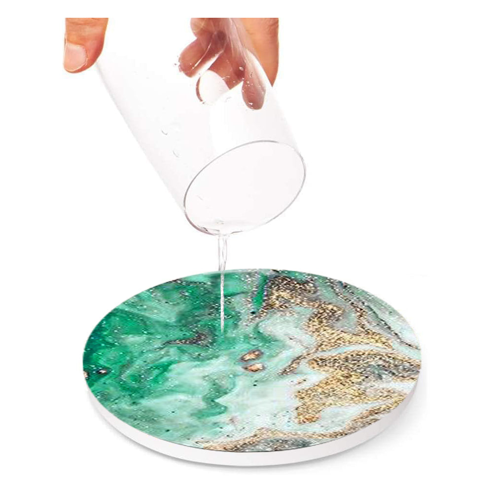 6Pcs Marble Textured Round Coasters with Cork Base and Metal Holder Set