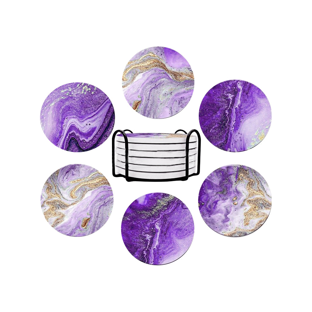 6Pcs Marble Textured Round Coasters with Cork Base and Metal Holder Set
