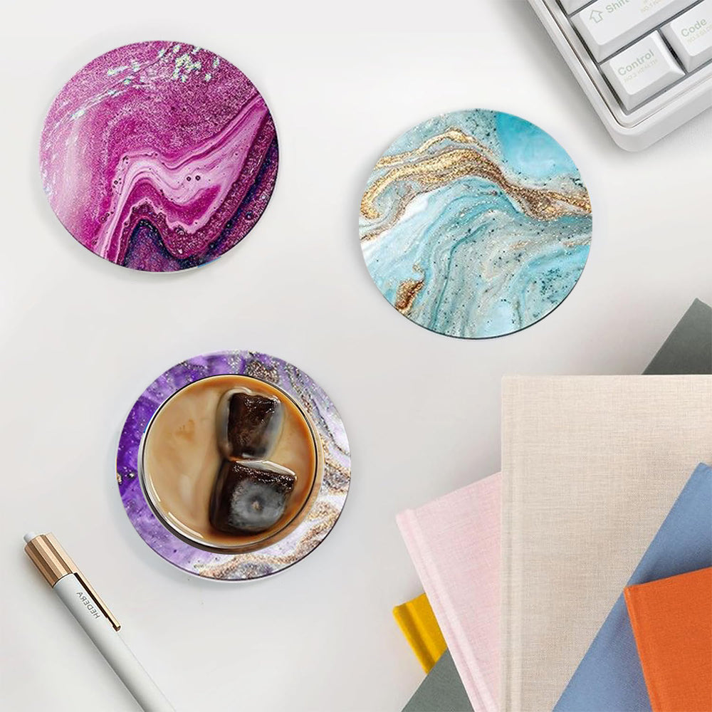 6Pcs Marble Textured Round Coasters with Cork Base and Metal Holder Set
