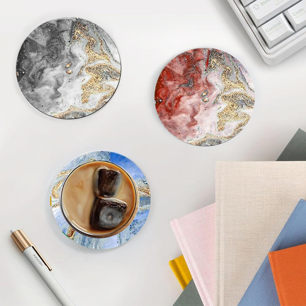 6Pcs Marble Textured Round Coasters with Cork Base and Metal Holder Set