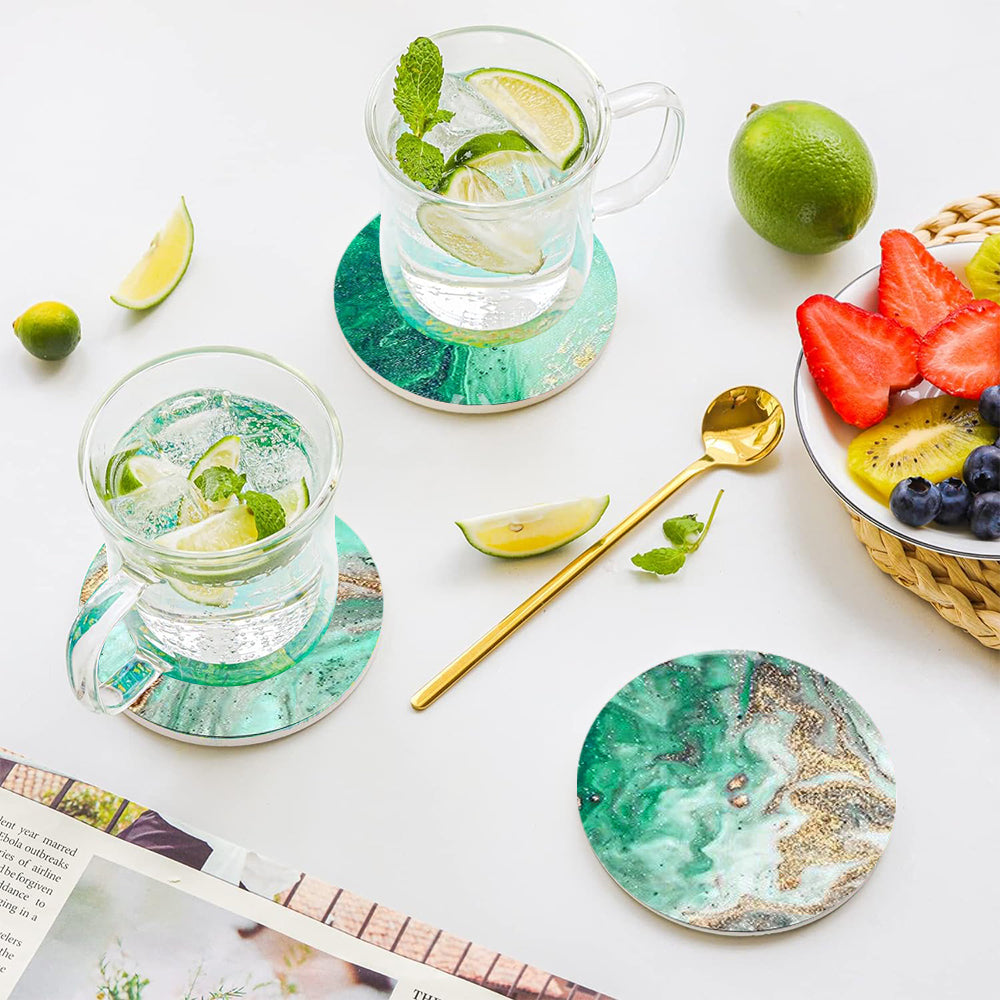 6Pcs Marble Textured Round Coasters with Cork Base and Metal Holder Set