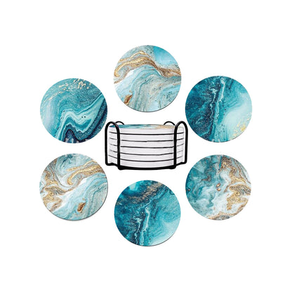 6Pcs Marble Textured Round Coasters with Cork Base and Metal Holder Set